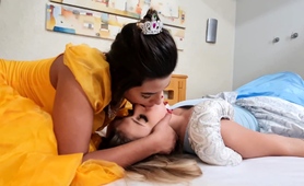 Two Lustful Lesbian Teens In Costume Passionately Making Out 